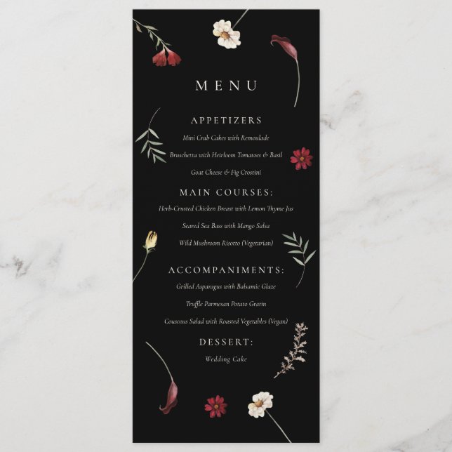 Elegante Moody Herbst Wildblume Hochzeit Menükarte (Vorderseite)