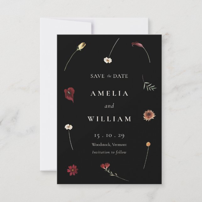 Elegante Moody Herbst Wildblume Hochzeit Save The Date (Vorderseite)