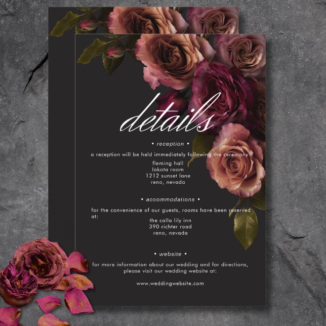 Elegante Moody Mled Rust & Burgundy Blumendetails Begleitkarte (Elegant Moody Muted Rust & Burgundy Floral Details Enclosure Card)