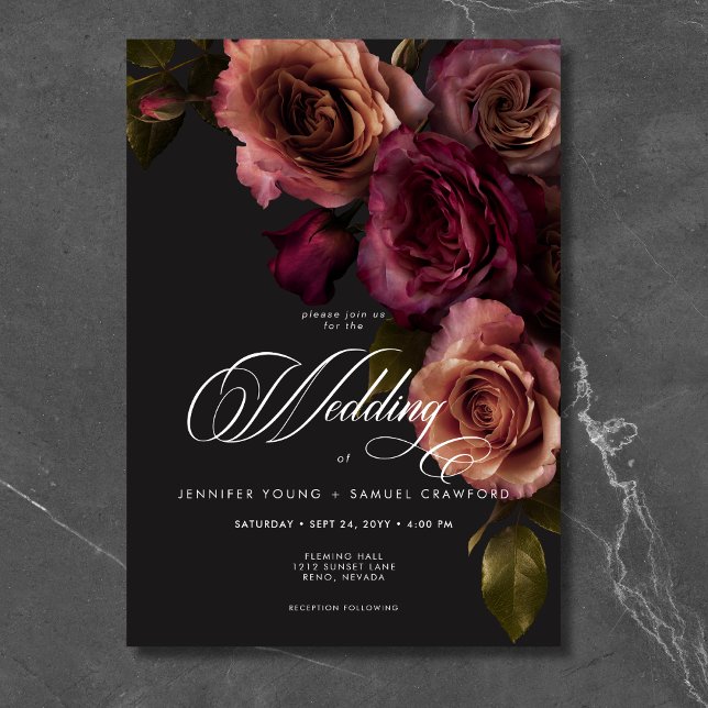 Elegante Moody Mutes Rost & Burgund Blumenhochzeit Einladung (Von Creator hochgeladen)