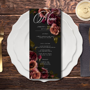 Elegante Moody Mutes Rost & Burgund Blumenhochzeit Menükarte