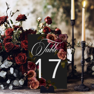 Elegante Moody Mutes Rost & Burgund Blumenhochzeit Tischnummer