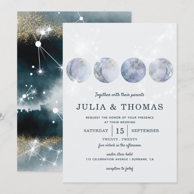 Elegante Moon Blue Gold Stars Hochzeit Einladung (Vorne/Hinten)
