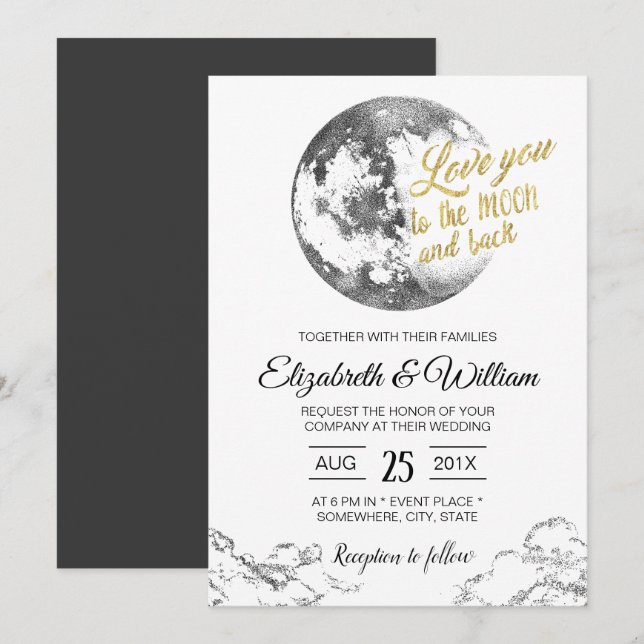 Elegante Moon Gold Typografie Crescent Wedding Einladung (Vorne/Hinten)