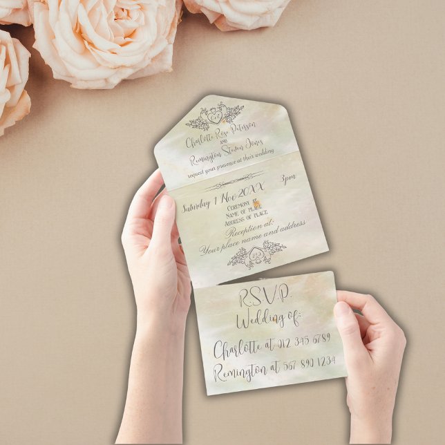 Elegante Mother-of-Pearl Peach Wedding All In One Einladung (Von Creator hochgeladen)