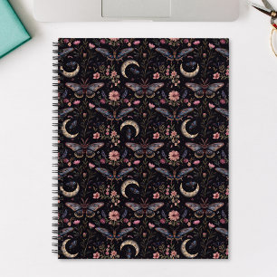 Elegante Motten Blumen und Monde Mystisches Muster Notizbuch