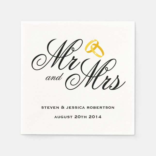 Elegante Mr. und Mrs. Gold Ehering Servietten (Vorderseite)