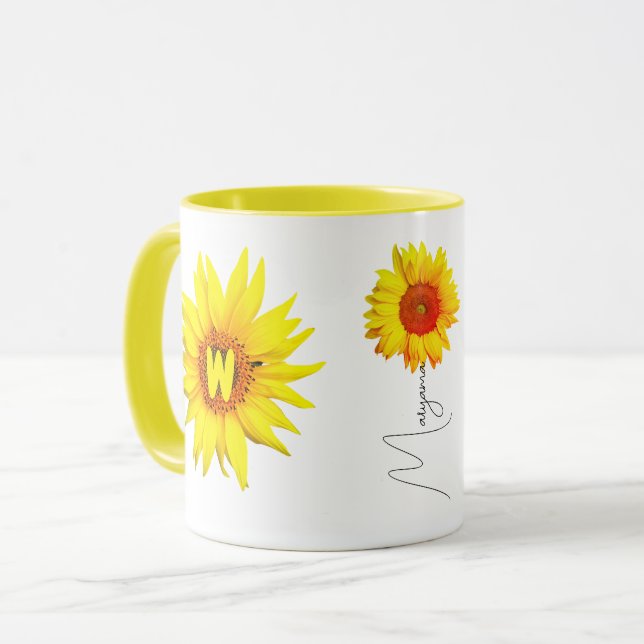 Élégante Mug de café tournesol (nom et monogramme) (Devant gauche)
