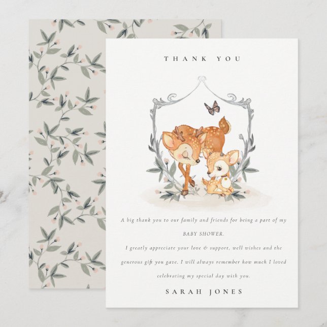 Elegante Mum Deer Fawn Floral Wappen Baby Shower Dankeskarte (Vorne/Hinten)