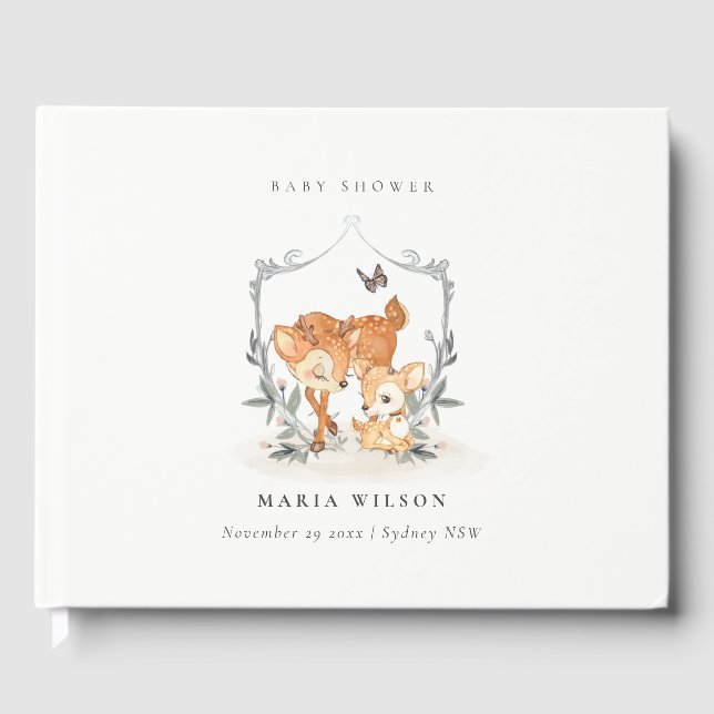 Elegante Mum Deer Fawn Floral Wappen Baby Shower Gästebuch (Vorderseite)
