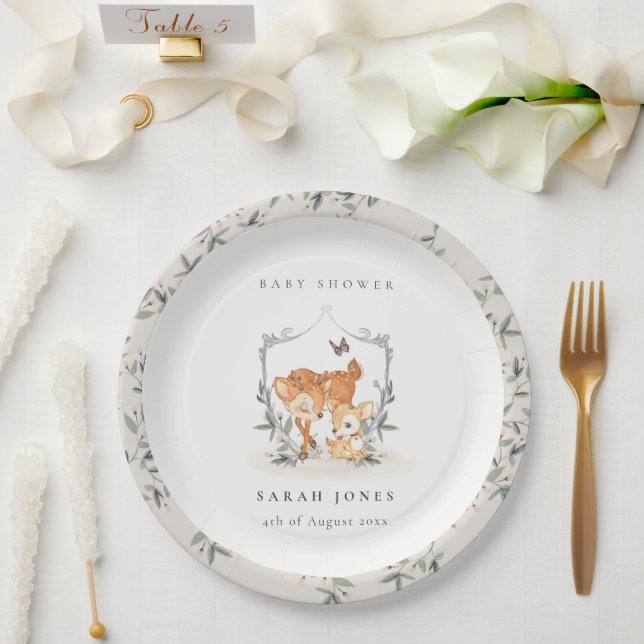 Elegante Mum Deer Fawn Floral Wappen Baby Shower Pappteller (Hochzeit)