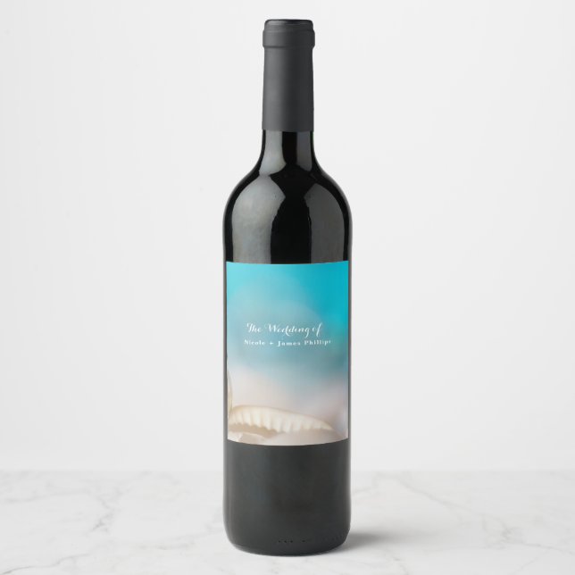 Elegante Muscheln Blaue Tropen Wein Etiketten (Vorderseite)
