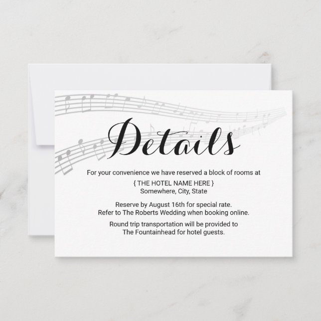 Elegante Musikhochzeiten Details Unterkünfte Einladung (Vorderseite)