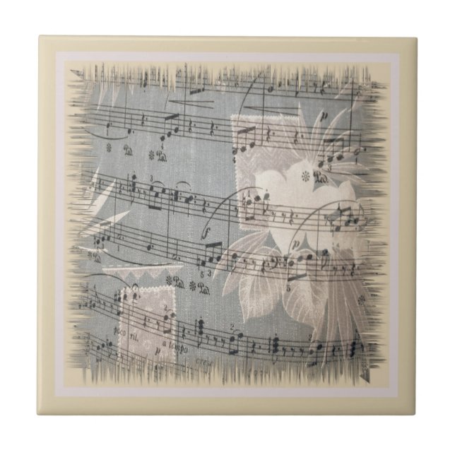 Elegante Musiknoten in Blau und Beige Fliese (Vorderseite)