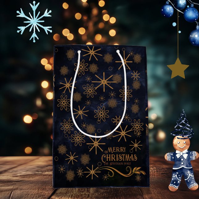 Elegante Muster Navy Blue Frohe Weihnachten Mittlere Geschenktüte (Elegant Pattern Blue Merry Christmas Medium Gift Bag)