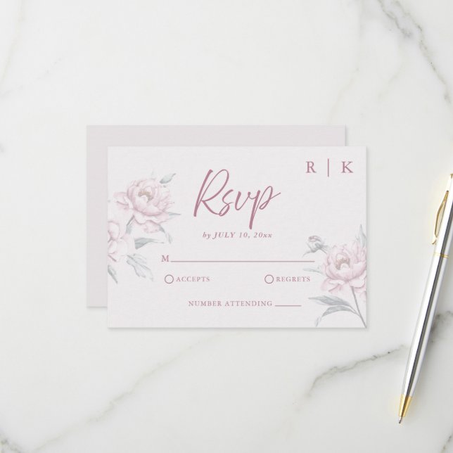 Elégante Muted Dusky Pink Peony Mariage RSVP Carte (Devant/Arrière en situation)