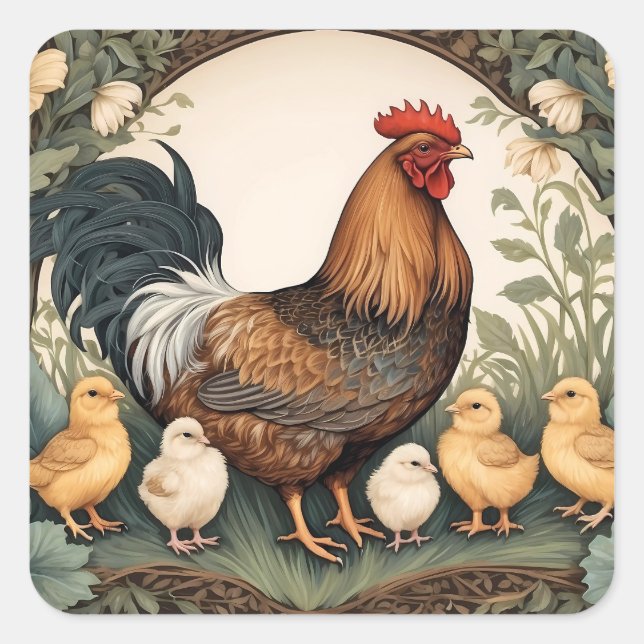 Elegante Mutter Hen mit Hühnern Quadratischer Aufkleber (Vorderseite)