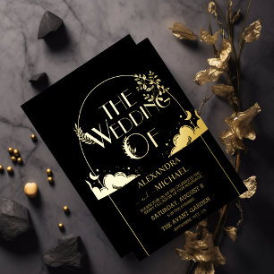 Elegante mystische Black Gold Clouds Moon Wedding Folieneinladung