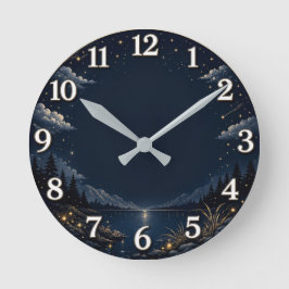 Elegante Nacht-Himmels-Bergsee-Wanduhr Runde Wanduhr