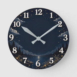 Elegante Nacht-Himmels-Bergsee-Wanduhr Runde Wanduhr