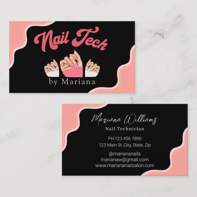 elegante Nägel Künstler Technik schwarz pink stilv Visitenkarte (Vorne/Hinten)