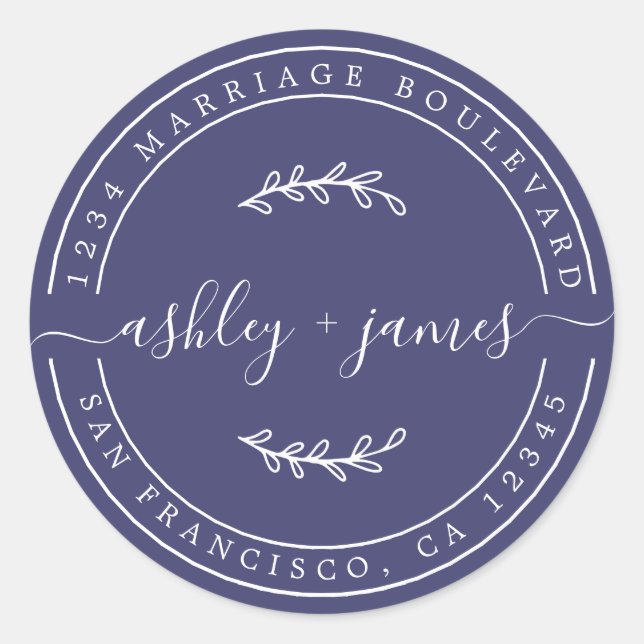 Elegante Names Navy Blue Wedding Rücksendeadresse Runder Aufkleber (Vorderseite)
