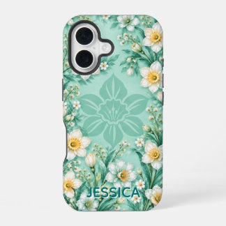 Elegante Narzissenblumen in Minzgrün - Maßanfertig iPhone 16 Hülle
