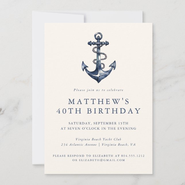 Elegante Nautical Anchor Erwachsene Party Einladun Einladung (Vorderseite)