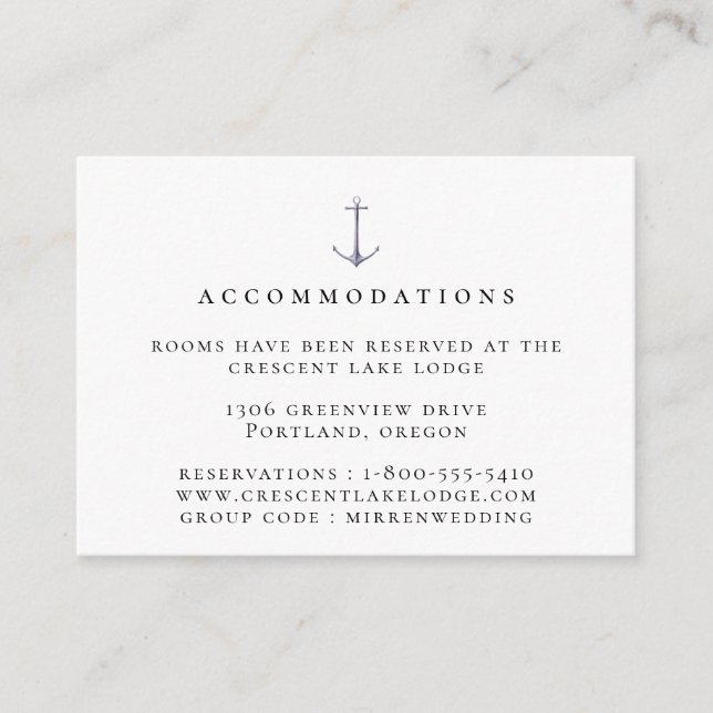 Elegante Nautical Anchor Hochzeitsunterkünfte Begleitkarte (Vorderseite)