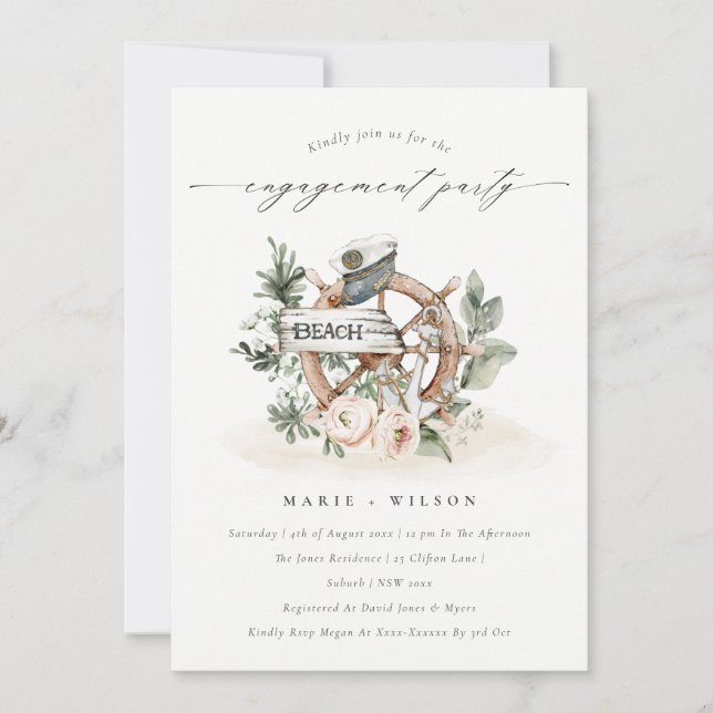 Elegante Nautical Anchor Wheel Floral Verlobung Einladung (Vorderseite)