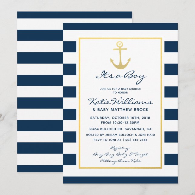 Elegante Nautical Navy und Gold Boy Baby Shower Einladung (Vorne/Hinten)