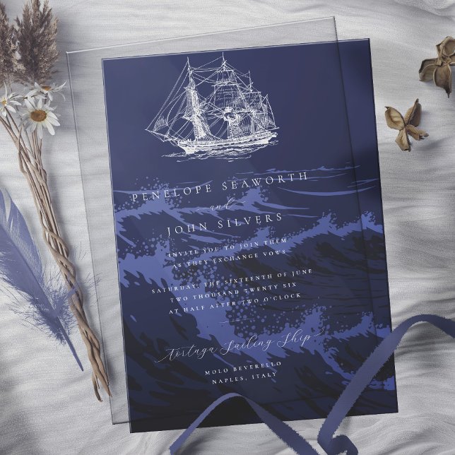 Elegante Nautical Ship Illustration White Wedding Acryleinladungen (In Situ of invitation over dark blue waves background. See my collection for matching card)