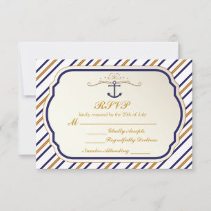 Elegante Nautical Striped Blue Gold Anker UAWG RSVP Karte