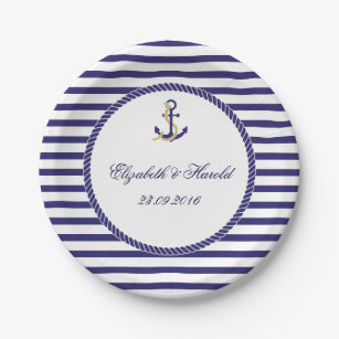 Elegante Nautical Wedding Navy Streifen Pappteller