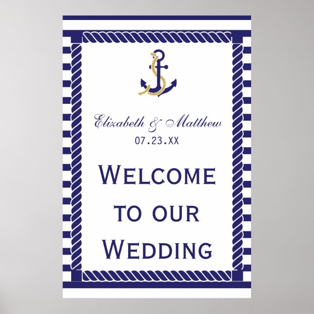 Elegante Nautical Wedding Navy Streifen Willkommen Poster (Vorne)