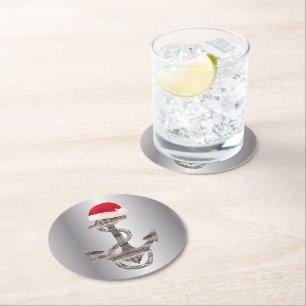 elegante nautische ANCHOR + WEIHNACHTSMANNMÜTZE Runder Pappuntersetzer