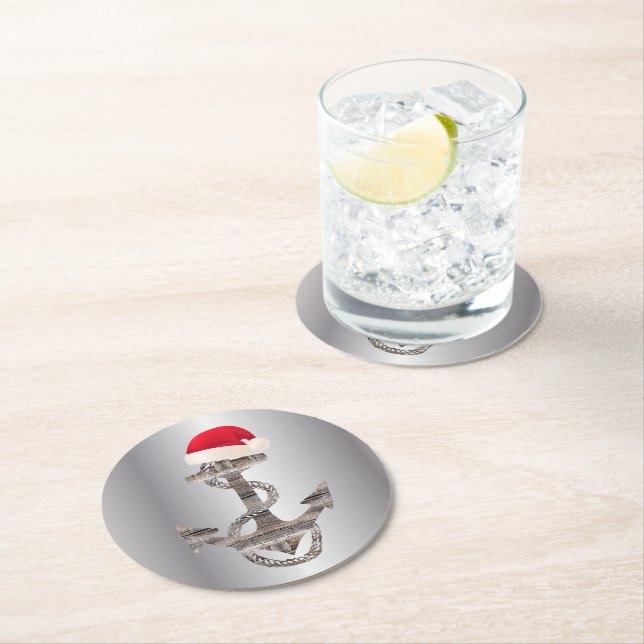 elegante nautische ANCHOR + WEIHNACHTSMANNMÜTZE |  Runder Pappuntersetzer (Vor Ort)