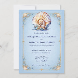 Elegante nautische Hochzeit in Blau mit Muscheln a Einladung