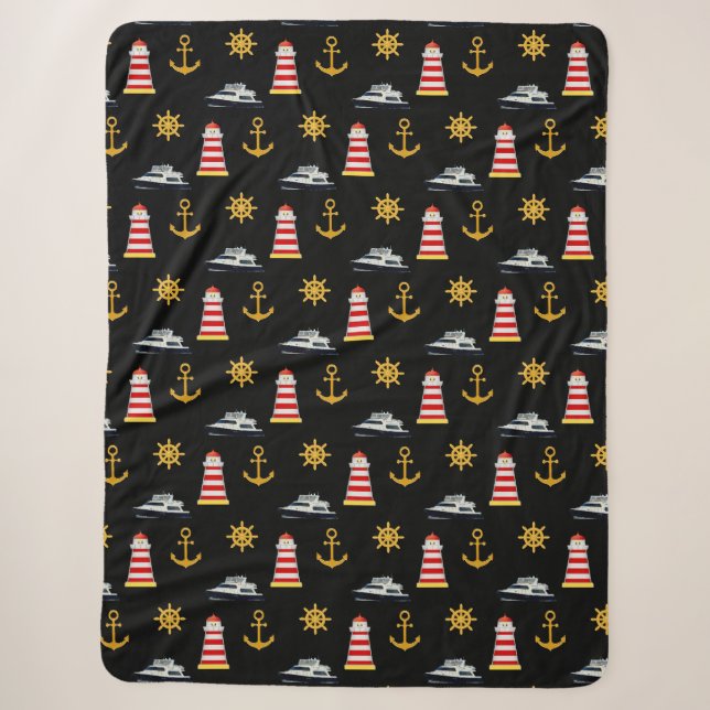 Elegante, nautische Symbole auf schwarz Sherpadecke (Vorderseite)
