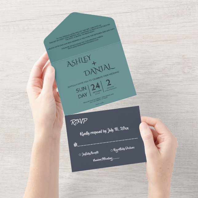 Elegante Navy Aquamarin Moderne schicke Hochzeit All In One Einladung (Abreißen)