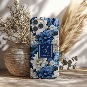 Elegante Navy-Blau-Blumen Luxus-Handyhülle iPhone 16 Hülle