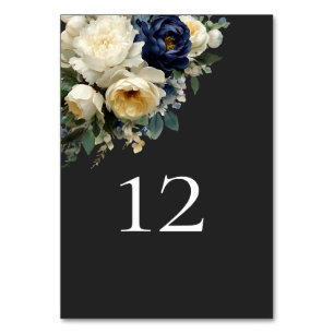 Elegante Navy-Blau-Blumen- und weiße Pfingstrosen- Tischnummer