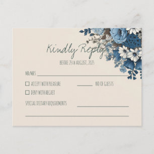 Elegante Navy-Blau-Floral-Hochzeits-RSVP Antwort Postkarte