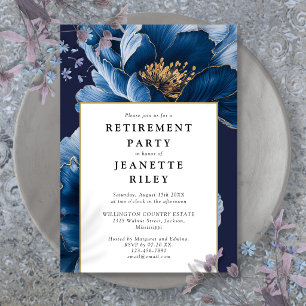 Elegante Navy-Blau-Floral-Ruhestandsfeier Einladung