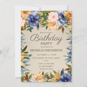 Elegante Navy-Blau Gelbe Florale Damen-Geburtstags Einladung