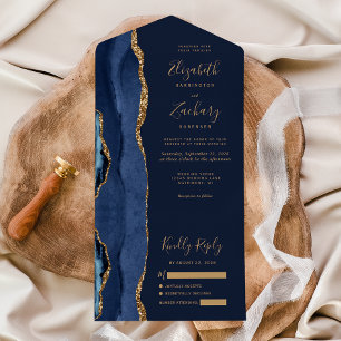 Elegante Navy Blau Gold Achat Hochzeit All In One Einladung