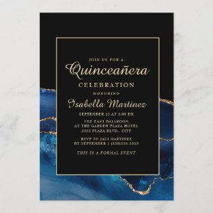 Elegante Navy-Blau-Gold-Achat-Marmor-Quinceañera Einladung