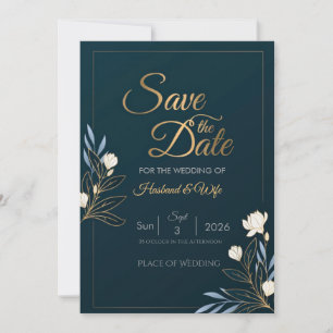 Elegante Navy-Blau-Gold-Blumen-Save-the-Date-Karte