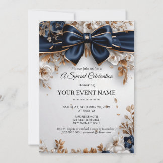 Elegante Navy Blau Gold Blumen Schleife Party Einladung