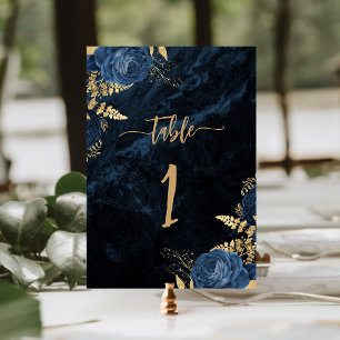 Elegante Navy Blau Gold Blumenhochzeit Tischnummer